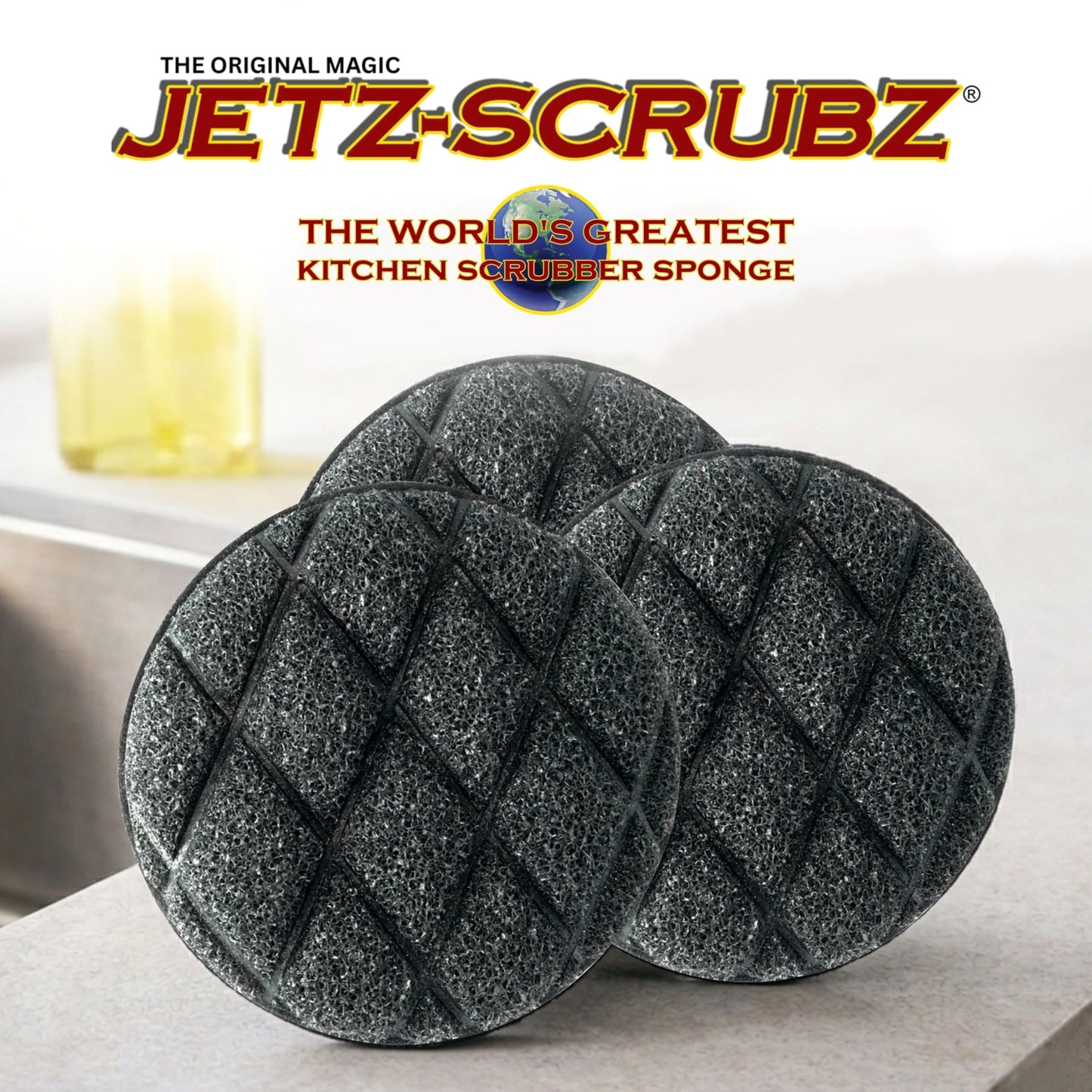 Jetz-Scrubz Scrubber Sponge, J22/3, Round, Set of 3, Made in the USA