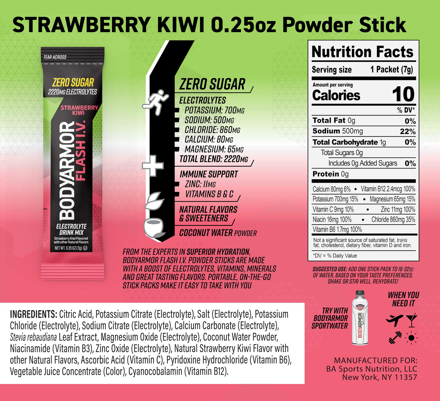 BODYARMOR Flash IV Electrolyte Packets, Strawberry Kiwi, Lemon Lime, & Tropical Punch Variety Pack - Zero Sugar Drink Mix, Single Serve Packs, Coconut