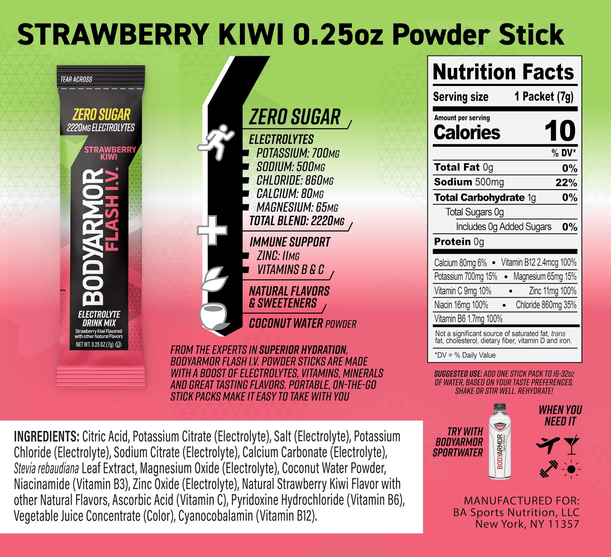 BODYARMOR Flash IV Electrolyte Packets, Strawberry Kiwi, Lemon Lime, & Tropical Punch Variety Pack - Zero Sugar Drink Mix, Single Serve Packs, Coconut