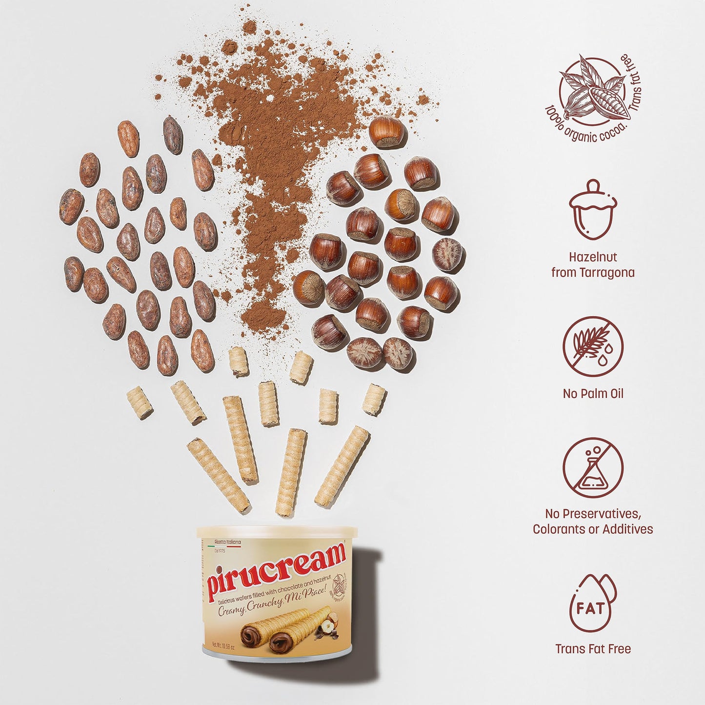 Pirucream Cream Filled Rolled Wafer. Chocolate and Hazelnut Filling. Premium Chocolate. 10.59 oz / 300 gr. Pack of 6