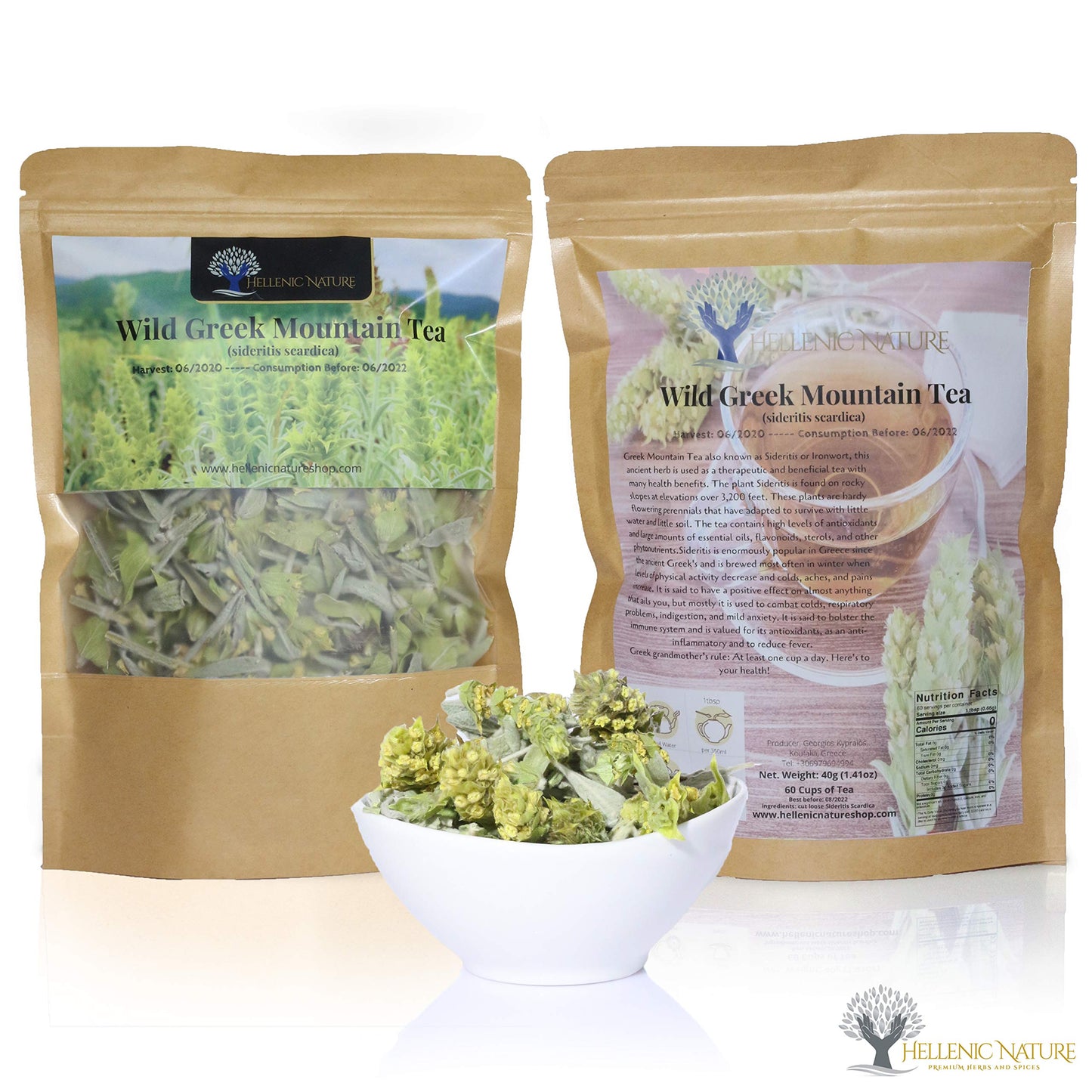 Organic Greek Mountain Tea Premium Quality from Mount Olympus Handpicked and Air-Dried (sideritis scardica) 40g (1.41oz) approx 60 Cups in DoyPack