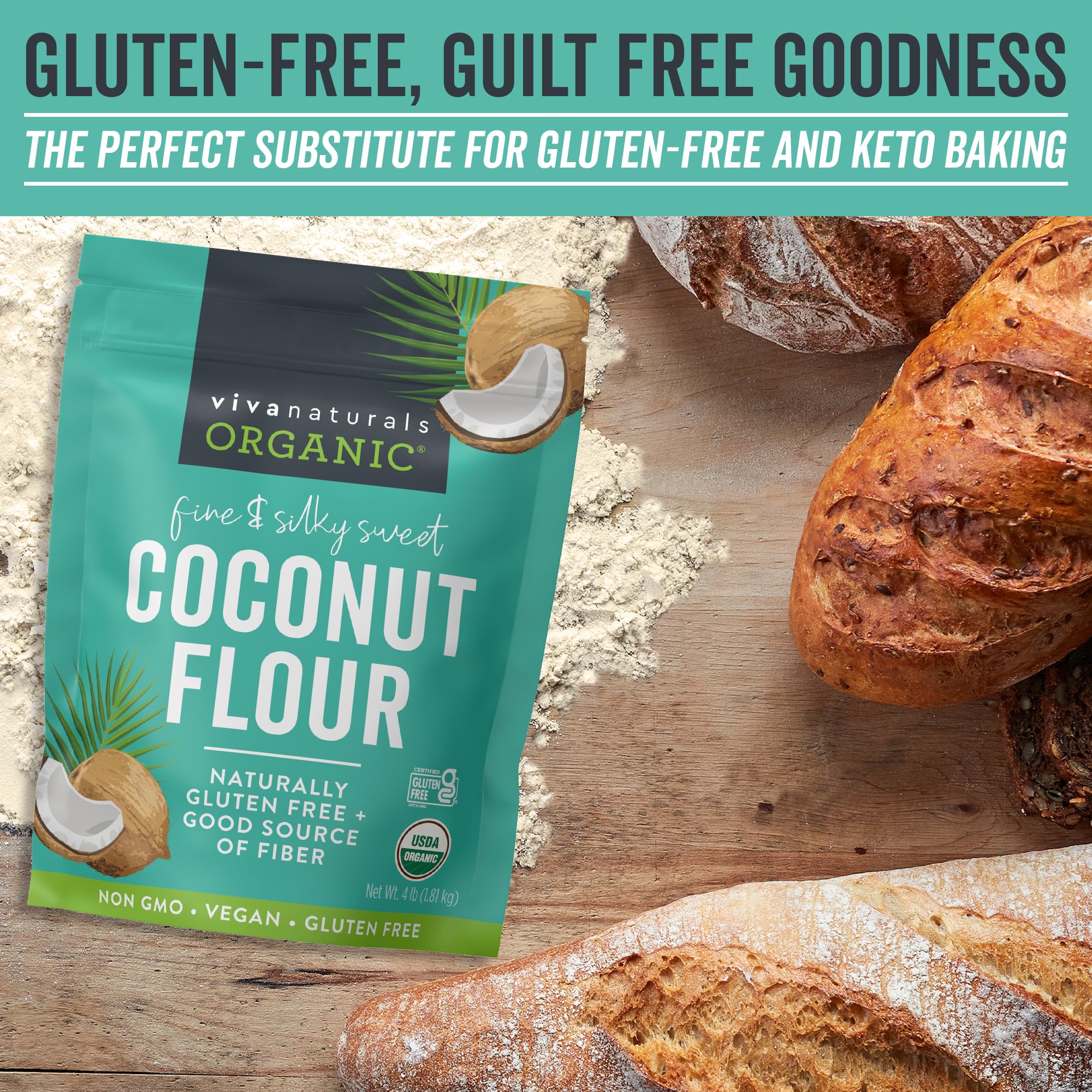 Viva Naturals Organic Coconut Flour, 4 lbs (1.81 kg) - Gluten Free Flour for Keto, Paleo & Vegan Baking, Good Source of Fiber, Low Fat, Non-GMO