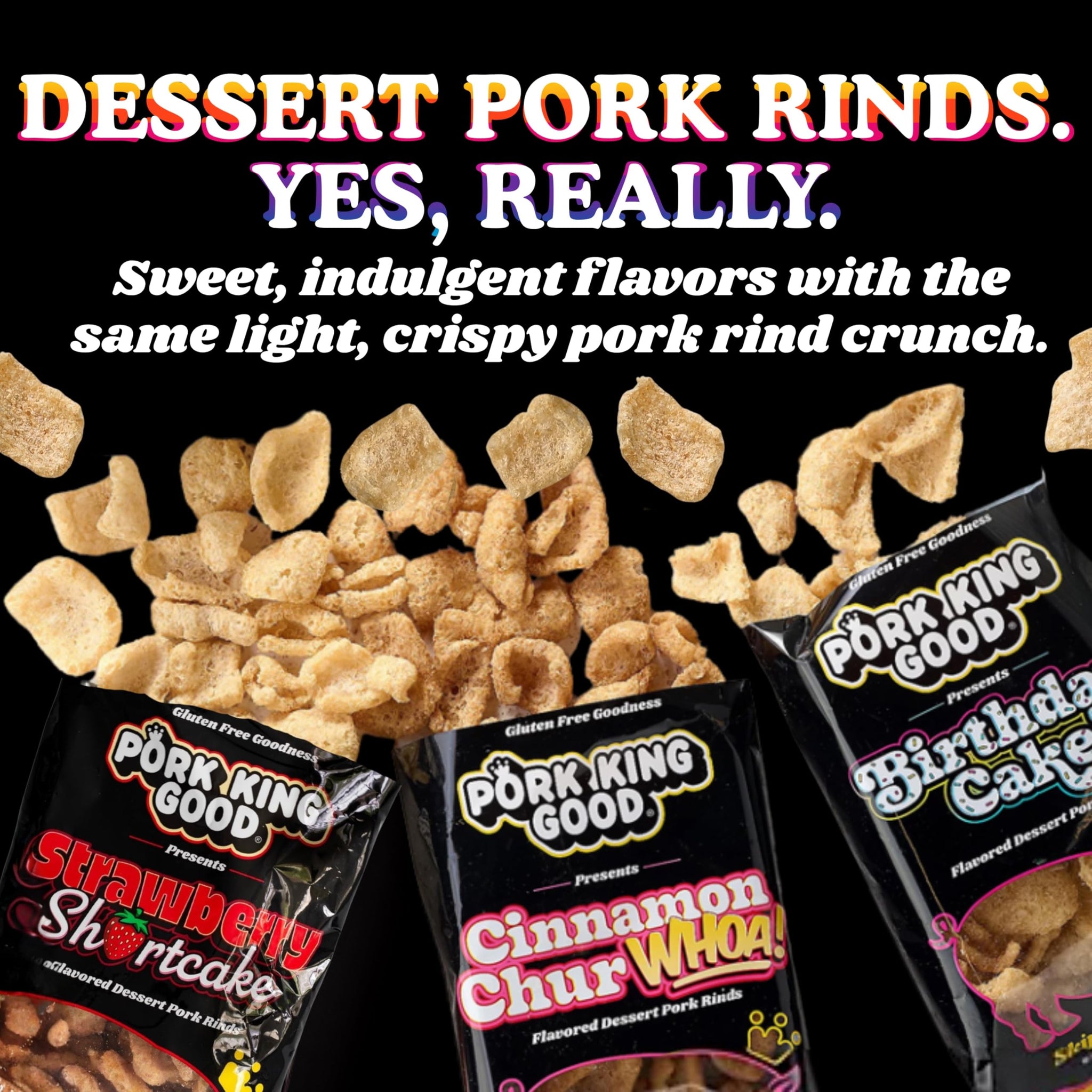 Pork King Good Strawberry Shortcake Pork Rinds (4 Pack), 3 oz Dessert Flavored Chicharrones, Low Carb and Gluten Free Snacks