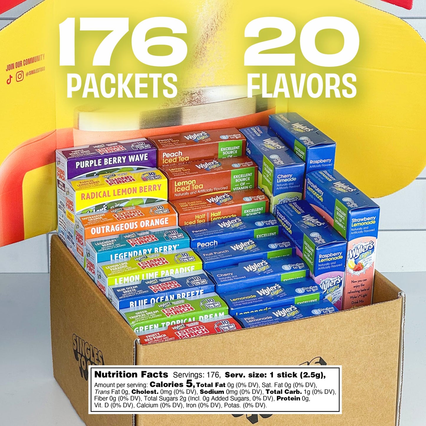 Wyler's Light 176ct Bulk Variety Pack - 20 Different Flavors from Fruit Punch, Iced Tea, Lemonade, and More - Sugar Free Singles To Go Drink Mix