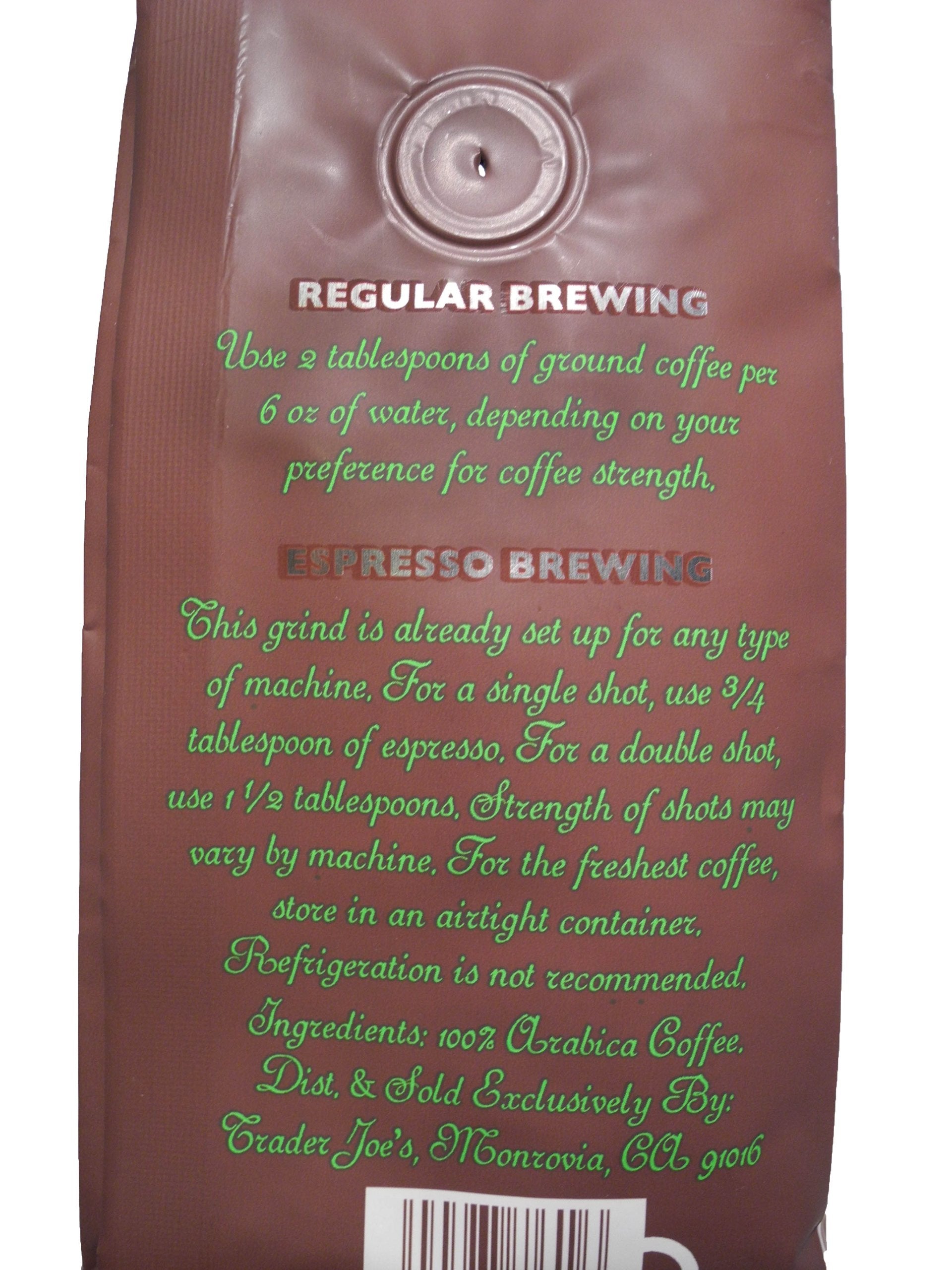 Trader Joe's Shade Grown Ground Espresso Blend 100% Arabica Beans Dark Roast Fine Grind