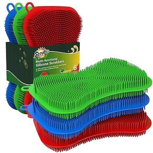 6 Pack Silicone Scrubbing Sponge by SCRUBIT - Real Silicon Non Scratch & Non Smell Kitchen Scrubber Pad for Dishes, Fruit, Vegetable - Reusable