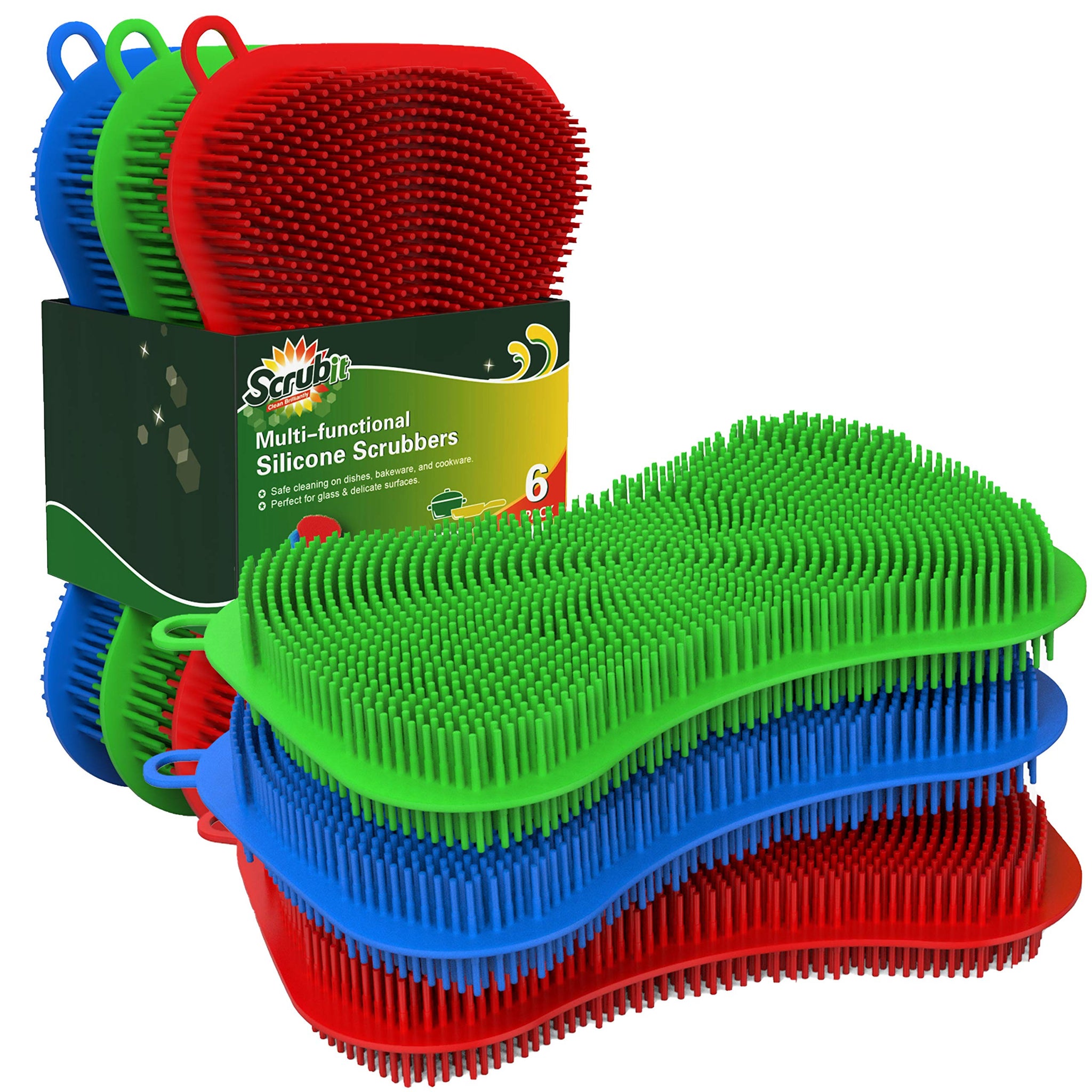 6 Pack Silicone Scrubbing Sponge by SCRUBIT - Real Silicon Non Scratch & Non Smell Kitchen Scrubber Pad for Dishes, Fruit, Vegetable - Reusable