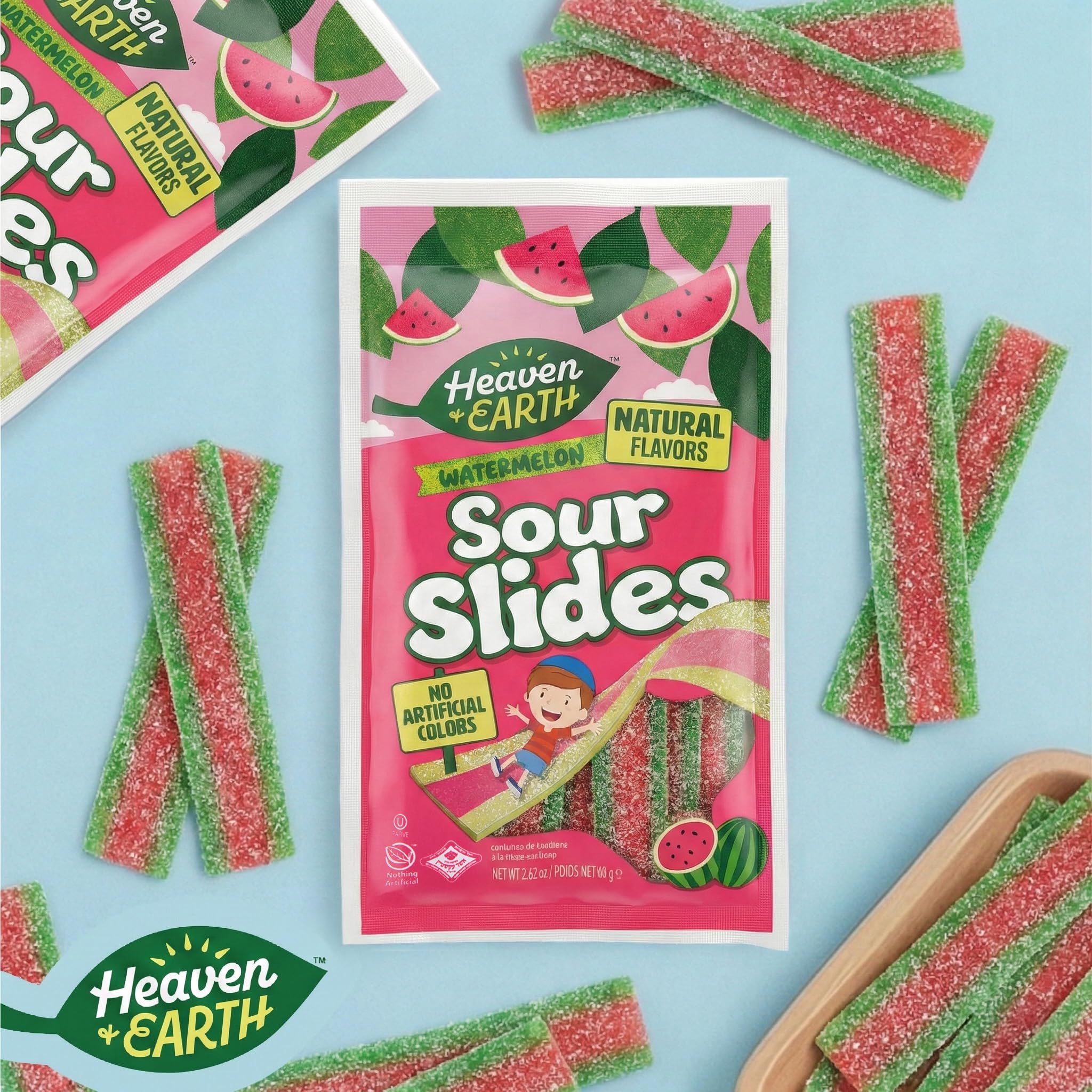Heaven & Earth Watermelon Sour Slides Candy, 2.8 oz (6 Pack) | Sour Belts | Natural Flavors, No Artificial Colors | Made with Real Fruit Juice |