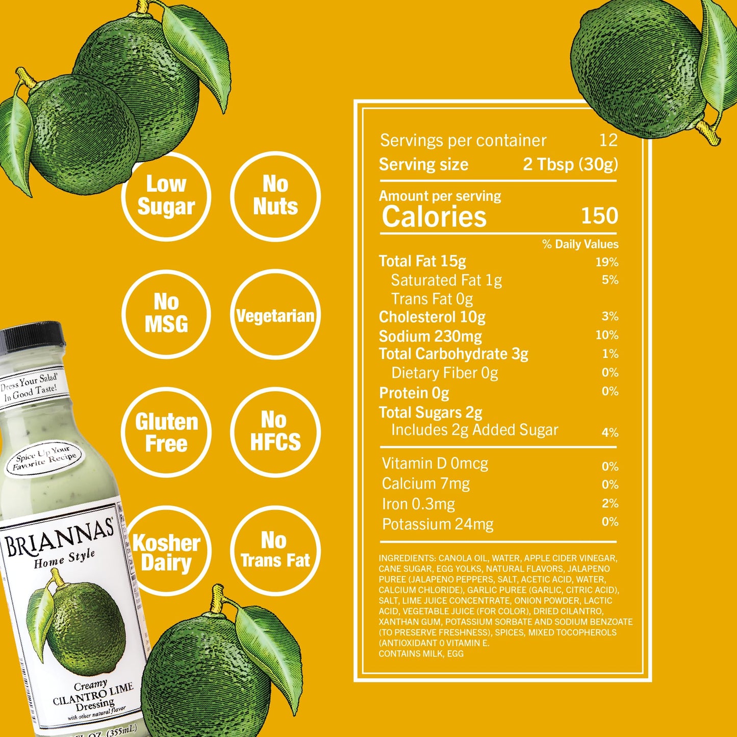 BRIANNAS - Home Style Creamy Cilantro Lime Dressing - Fine Salad Dressing made with Premium Ingredients - Gluten Free, Kosher, & Low Sugar - 12 oz