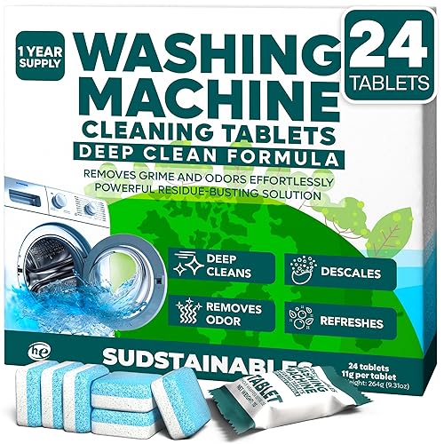 Sudstainables Washing Machine Cleaner Tablets (24-Pack) - Deep Clean Odor & Residue Remover for Front & Top Load Washers, HE & Septic Safe Washing