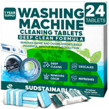 Sudstainables Washing Machine Cleaner Tablets (24-Pack) - Deep Clean Odor & Residue Remover for Front & Top Load Washers, HE & Septic Safe Washing