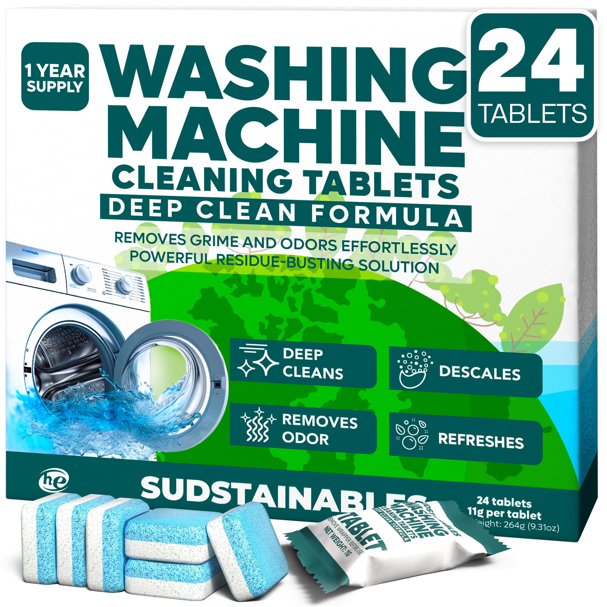 Sudstainables Washing Machine Cleaner Tablets (24-Pack) - Deep Clean Odor & Residue Remover for Front & Top Load Washers, HE & Septic Safe Washing