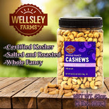 Wellsley Farms Whole Fancy Salted and Roasted with Sea Salt. Whole Cashews, 42 oz. Tub. Certified Kosher