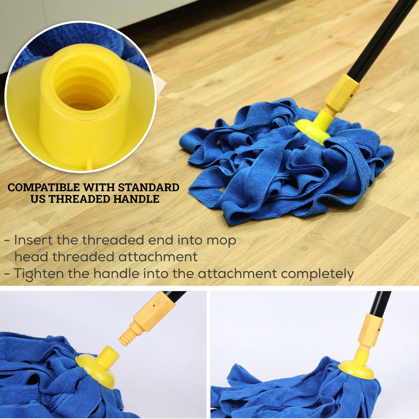 Kleen Handler Microfiber Mop Cloth Heads Replacements with 61" Extendable Handle, 3 Pc Screw On Mop Refill for Commercial & Household Cleaning