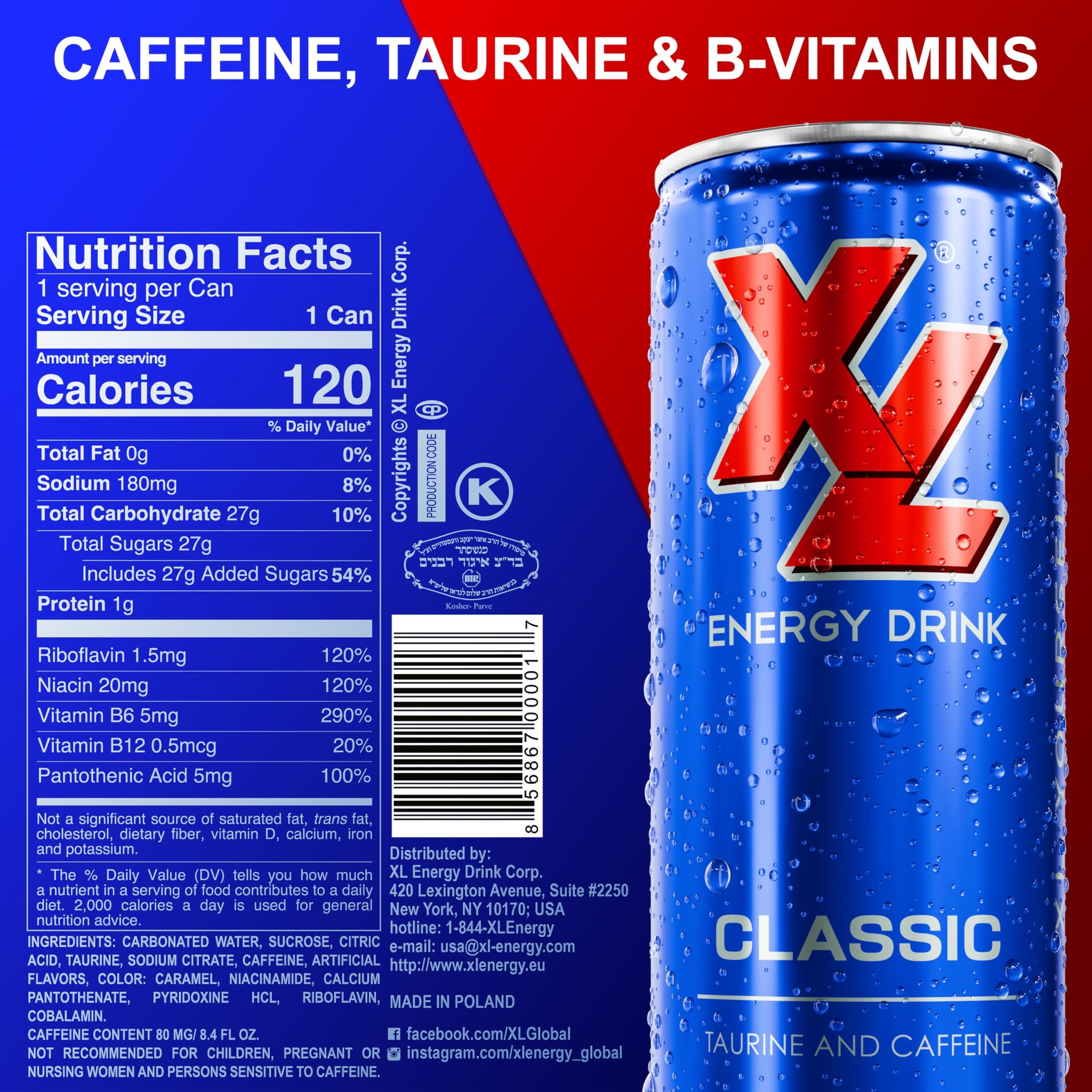 XL Energy Drink 24 Pack Classic Flavor - 80mg Caffeine &1000mg Taurine Energy Drinks with B Vitamins - Refreshing Energy Beverage for Energy Boost
