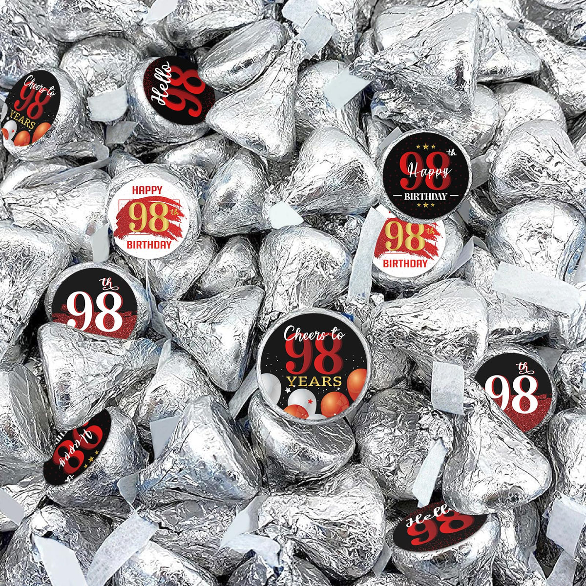 Happy 98th Birthday Party Favor Labels Chocolate Candy Stickers - 98 Years Old Birthday Round Candy Sticker Party Favors - Black and Red - 150