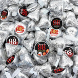 Happy 98th Birthday Party Favor Labels Chocolate Candy Stickers - 98 Years Old Birthday Round Candy Sticker Party Favors - Black and Red - 150