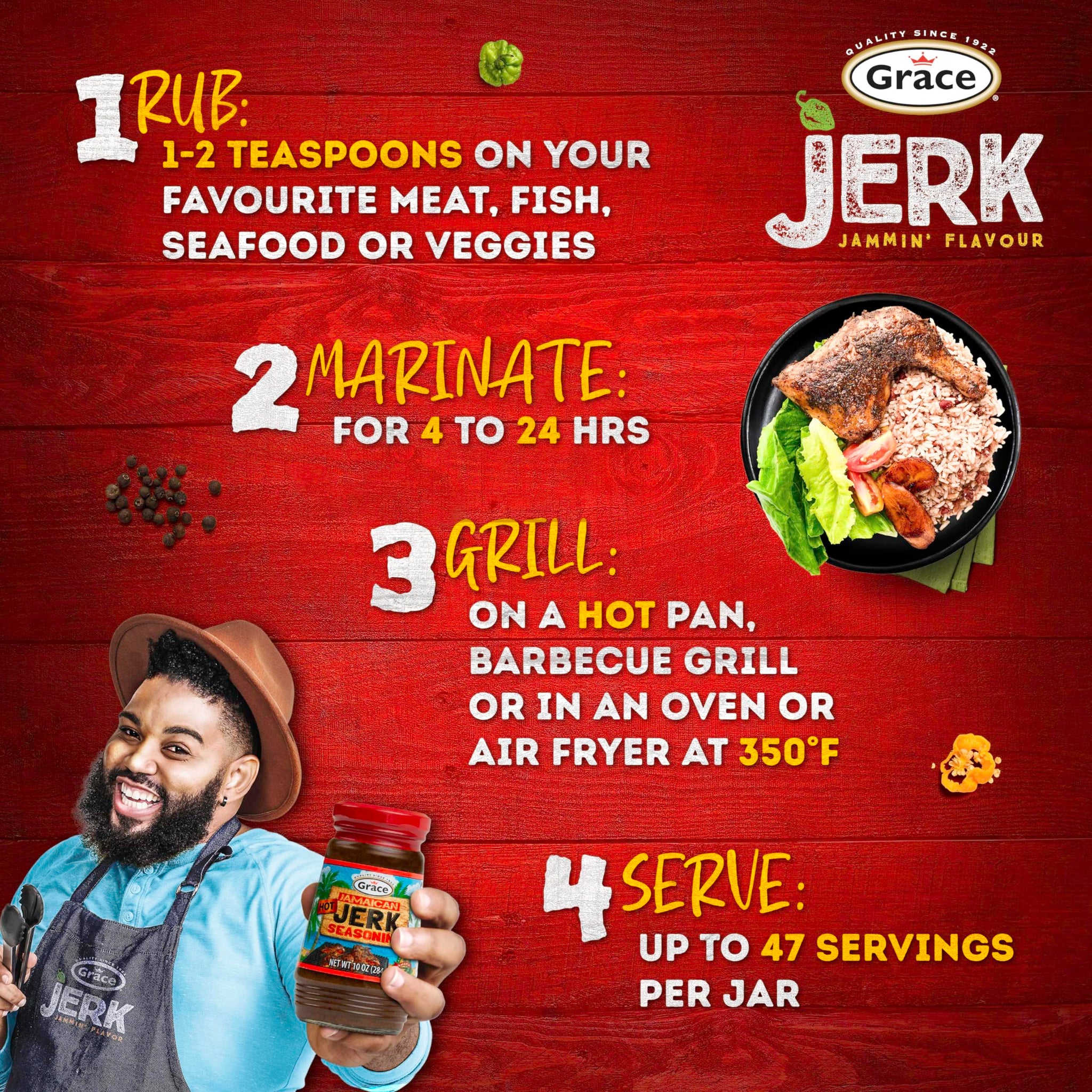 Grace Jamaican Hot Jerk Seasoning (Two 10 Oz Jars) - Hot Jerk Jamaican Style - Caribbean Seasoning Mix for Chicken & Oxtail