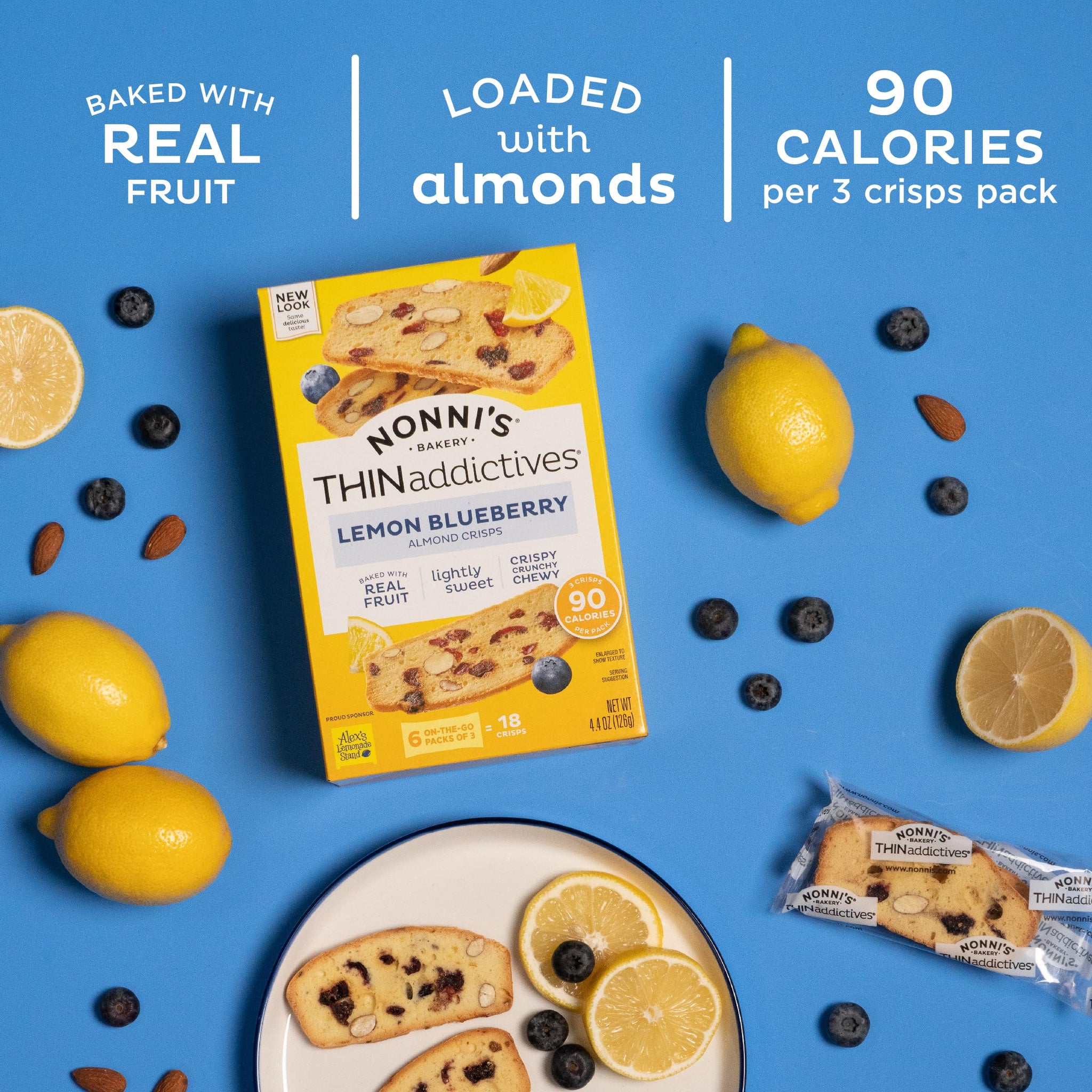 Nonni's THINaddictives Almond Thin Cookies - 3 Boxes Lemon Blueberry Cookie Thins - Almond Cookies - Sweet Crunchy & Chewy - Biscotti Individually