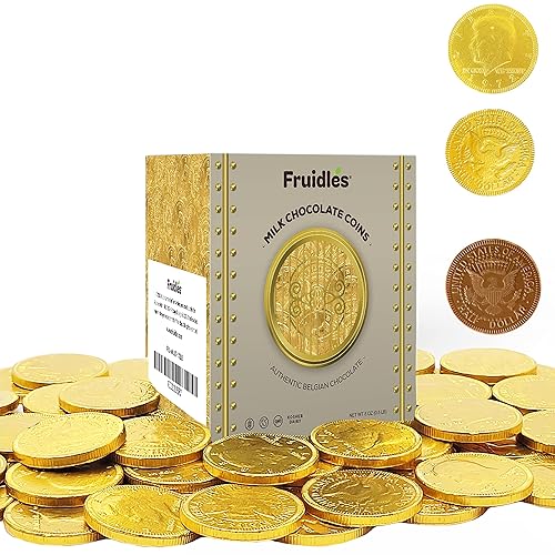 Fruidles Milk Chocolate Gold Coins - Nut Free - Made with Premium Belgian Chocolate Vault Box Approximate 40 Coins Half Dollar Design