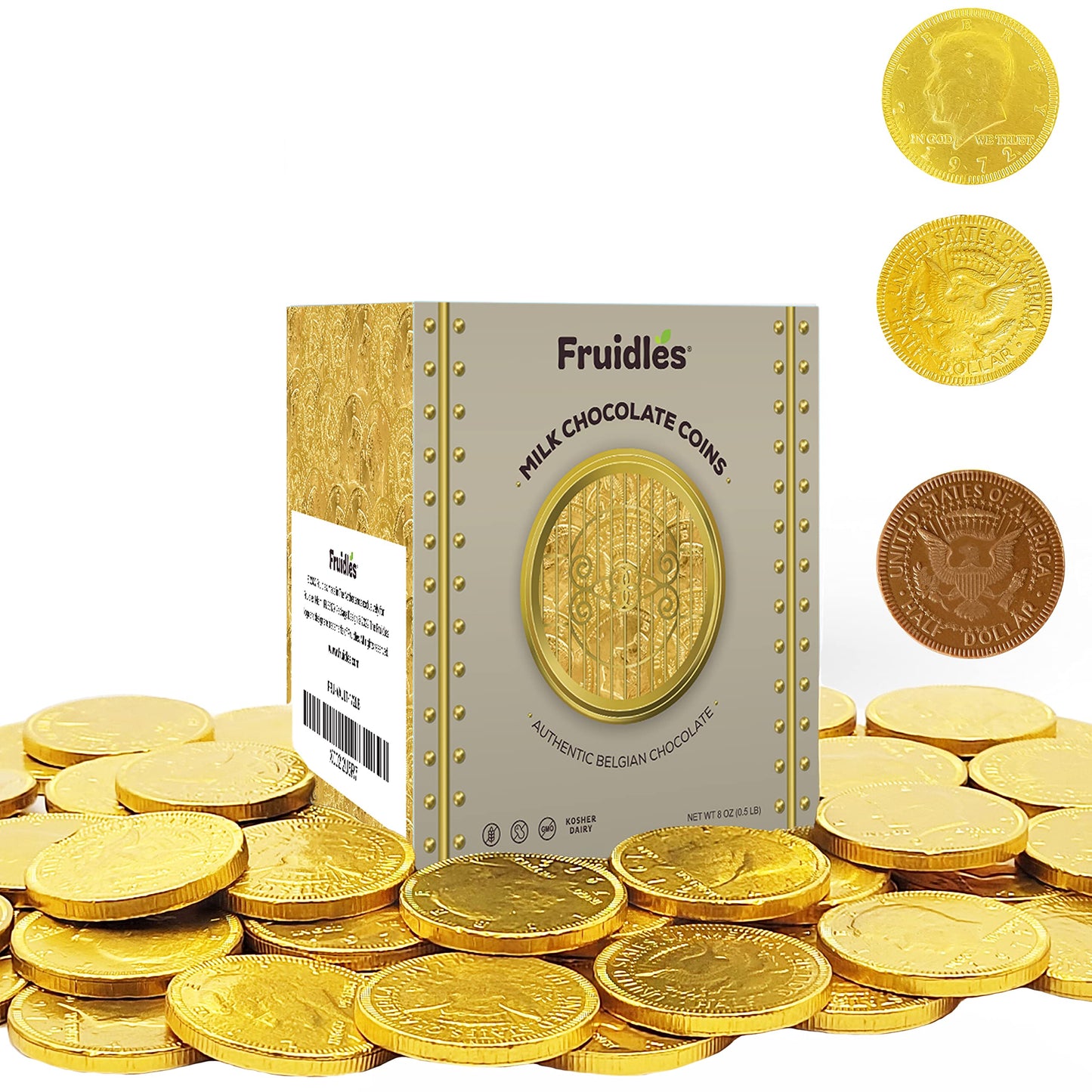 Fruidles Milk Chocolate Gold Coins - Nut Free - Made with Premium Belgian Chocolate Vault Box Approximate 40 Coins Half Dollar Design