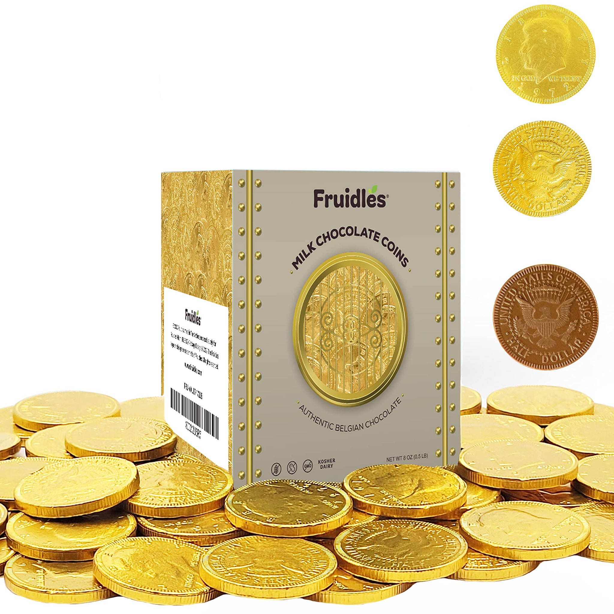 Fruidles Milk Chocolate Gold Coins - Nut Free - Made with Premium Belgian Chocolate Vault Box Approximate 40 Coins Half Dollar Design