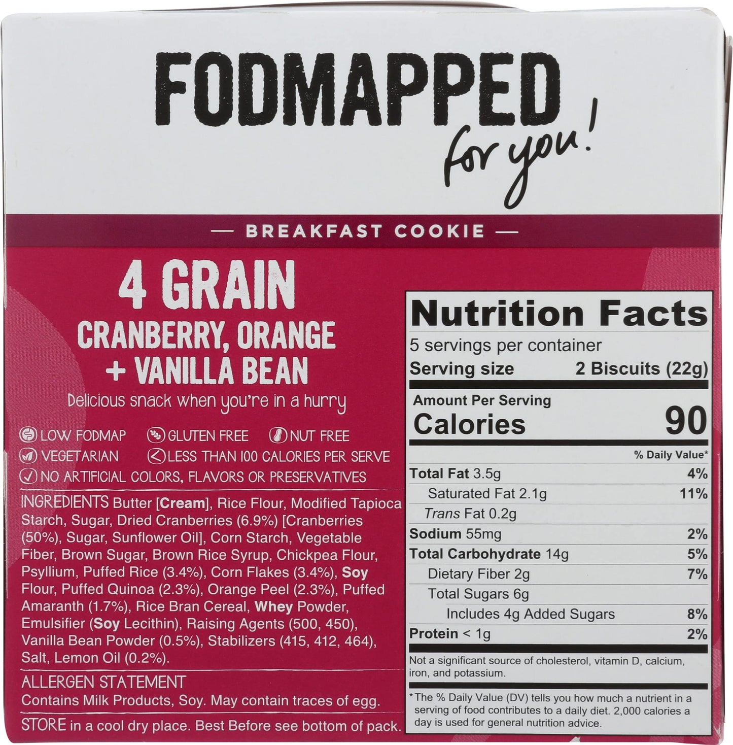FODMAPPED FOR YOU Cranberry, Orange & Vanilla Bean 4 Grain Breakfast Cookies, 3.9 OZ