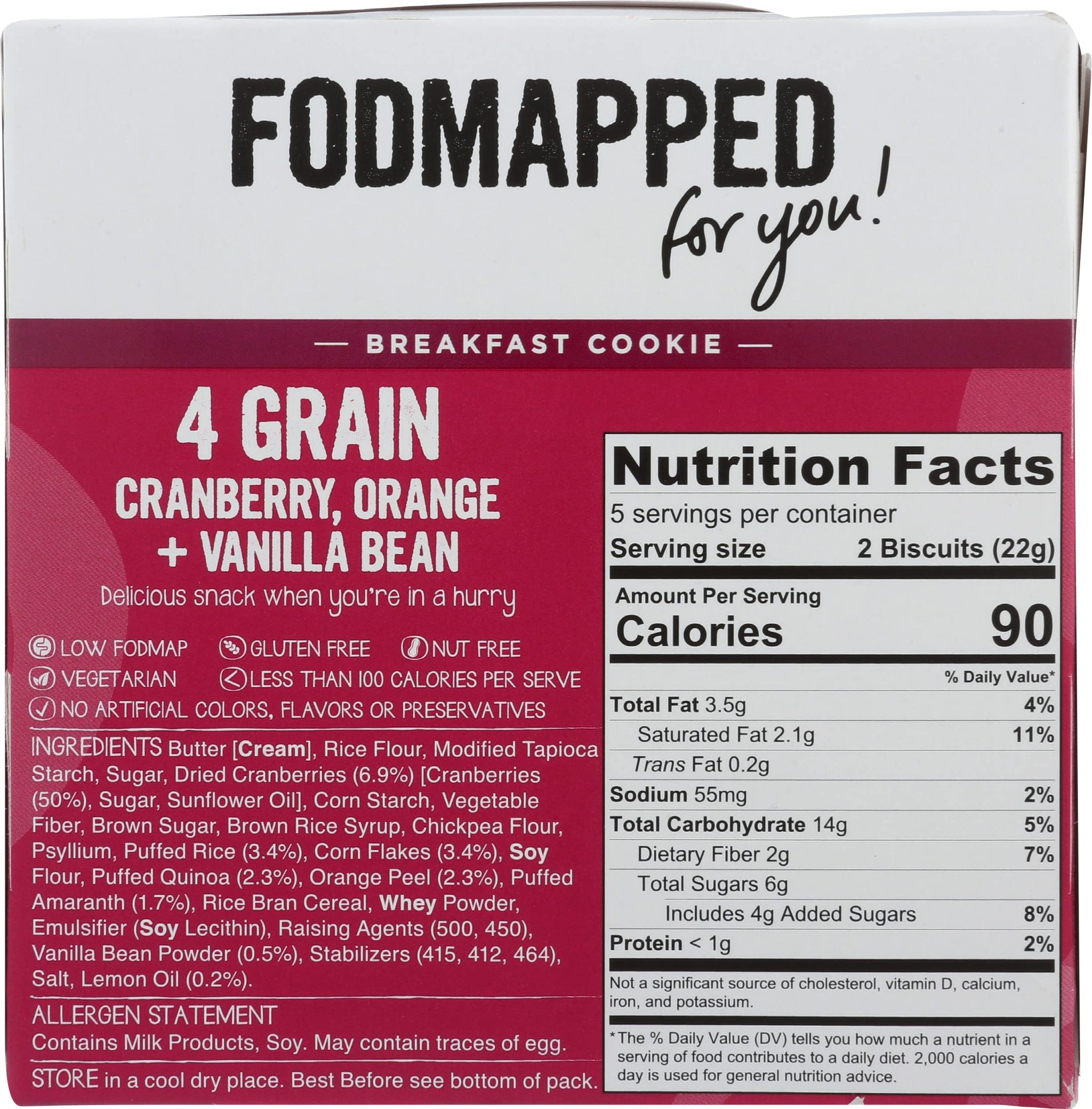 FODMAPPED FOR YOU Cranberry, Orange & Vanilla Bean 4 Grain Breakfast Cookies, 3.9 OZ