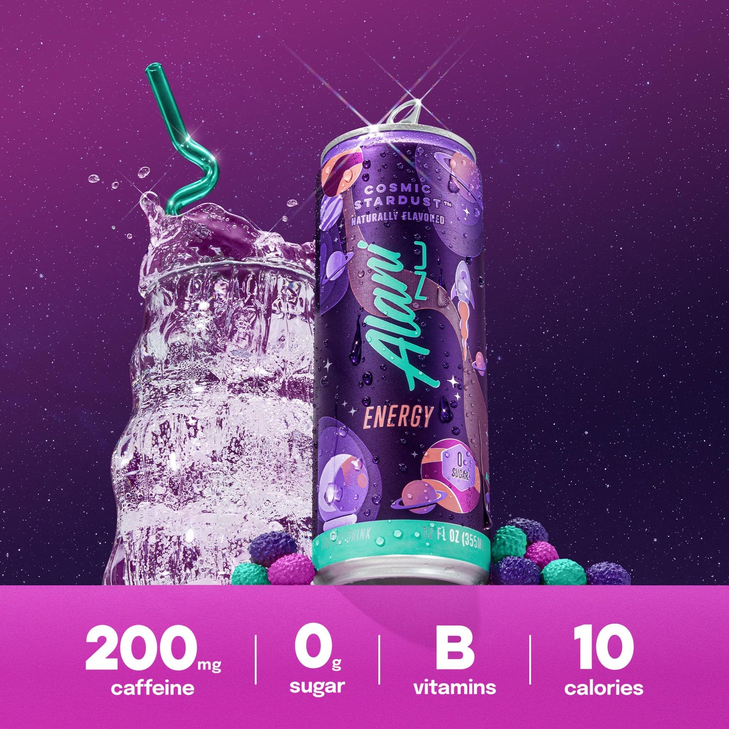 Alani Nu COSMIC STARDUST, Sugar Free, Low Calorie Energy Drinks, 200mg Caffeine, Biotin, B Vitamins, Zero Sugar, 10 Calories, 12 Fl Oz Cans, 12 Pack