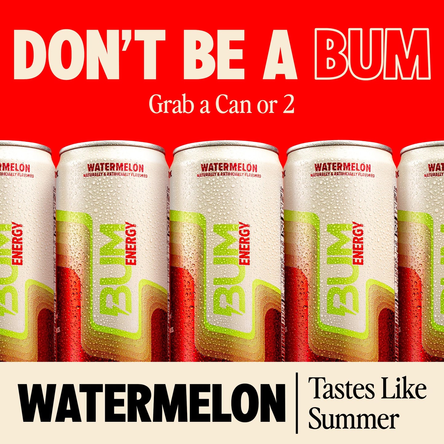 BUM Sugar-Free Energy Drink, Watermelon - Lightly Carbonated & No Artificial Colors, Natural Caffeine & Citicoline for Energy & Focus, Brain Boost