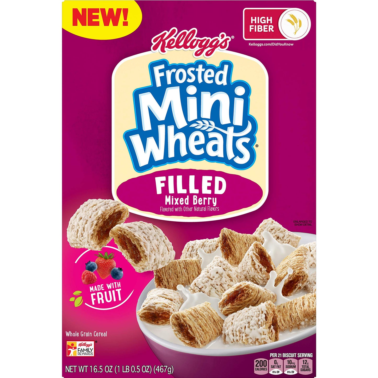 Kellogg's Frosted Mini-Wheats Filled, Breakfast Cereal, Mixed Berry, 16.5oz Box
