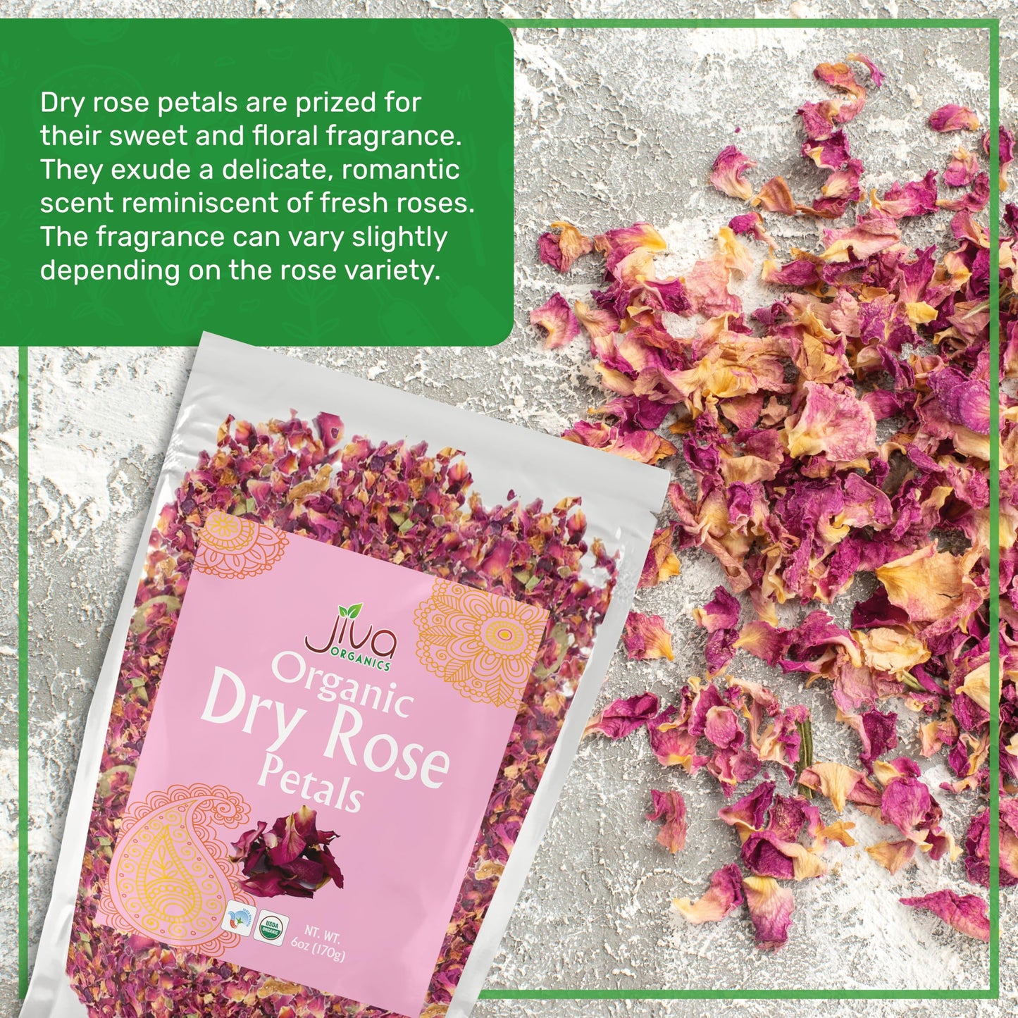 Jiva USDA Organic Dried Red Rose Petals 6 Oz (170g) Large Bag - Food Grade, Edible Flowers - Use in Tea, Baking, Making Rose Water, Crafting, Wedding