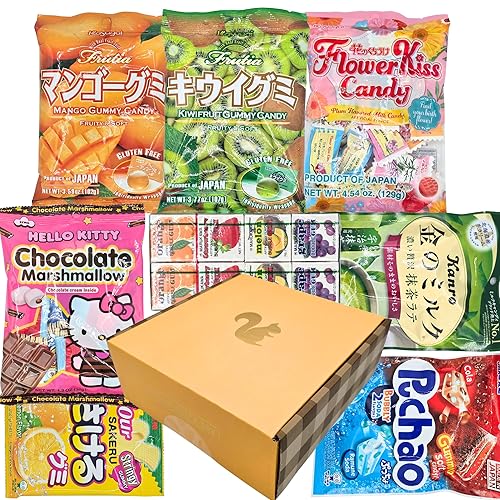 Asian Candy & Gummy Gift Box - 8 Full-Size Packs of Japanese Sweets - Assorted Fruit Gummies, Chocolate Marshmallows, Matcha Candy & Soda Chews