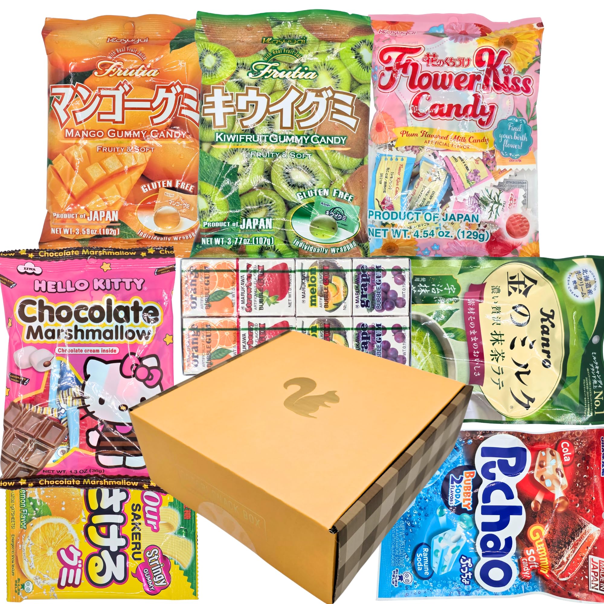 Asian Candy & Gummy Gift Box - 8 Full-Size Packs of Japanese Sweets - Assorted Fruit Gummies, Chocolate Marshmallows, Matcha Candy & Soda Chews