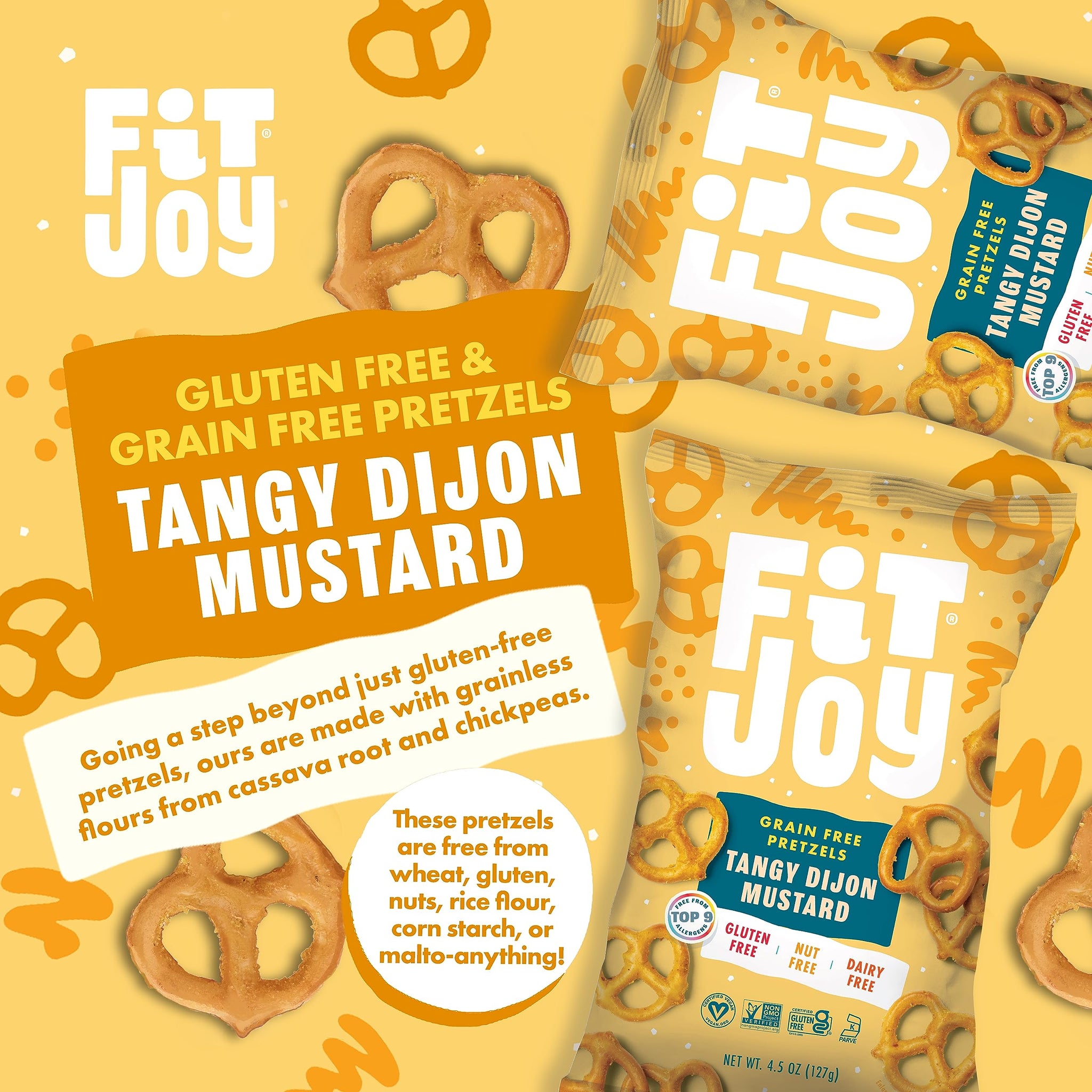 FitJoy Tangy Dijon Mustard Pretzels (Pack of 6, 4.5 Oz) - Dairy, Nut & Gluten Free Snacks - Grain Free Cassava Root & Chickpea Flour Vegan Pretzel