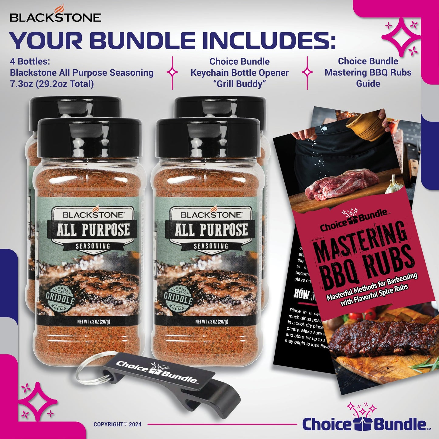 Blackstone All Purpose (AP) Seasoning - Gourmet Griddle Premium Barbecue Rub 4 Pk (29.2 oz) + BBQ Masters & Opener (6 Items)!