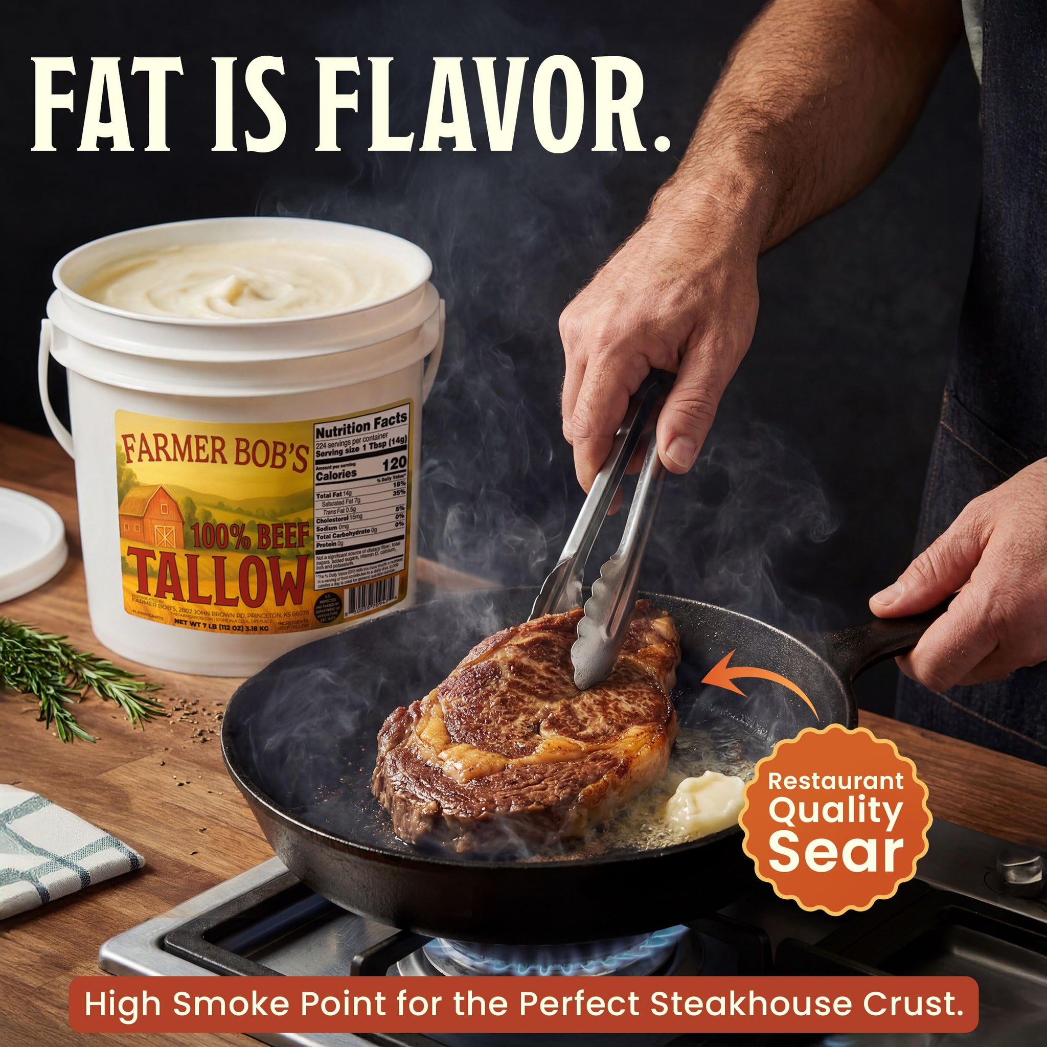 Farmer Bob's Beef Tallow for Cooking 7 lb Bucket - Pure Rendered Beef Fat - 400°F Smoke Point - Deep Frying, Grilling, Soap Making - Keto-Friendly