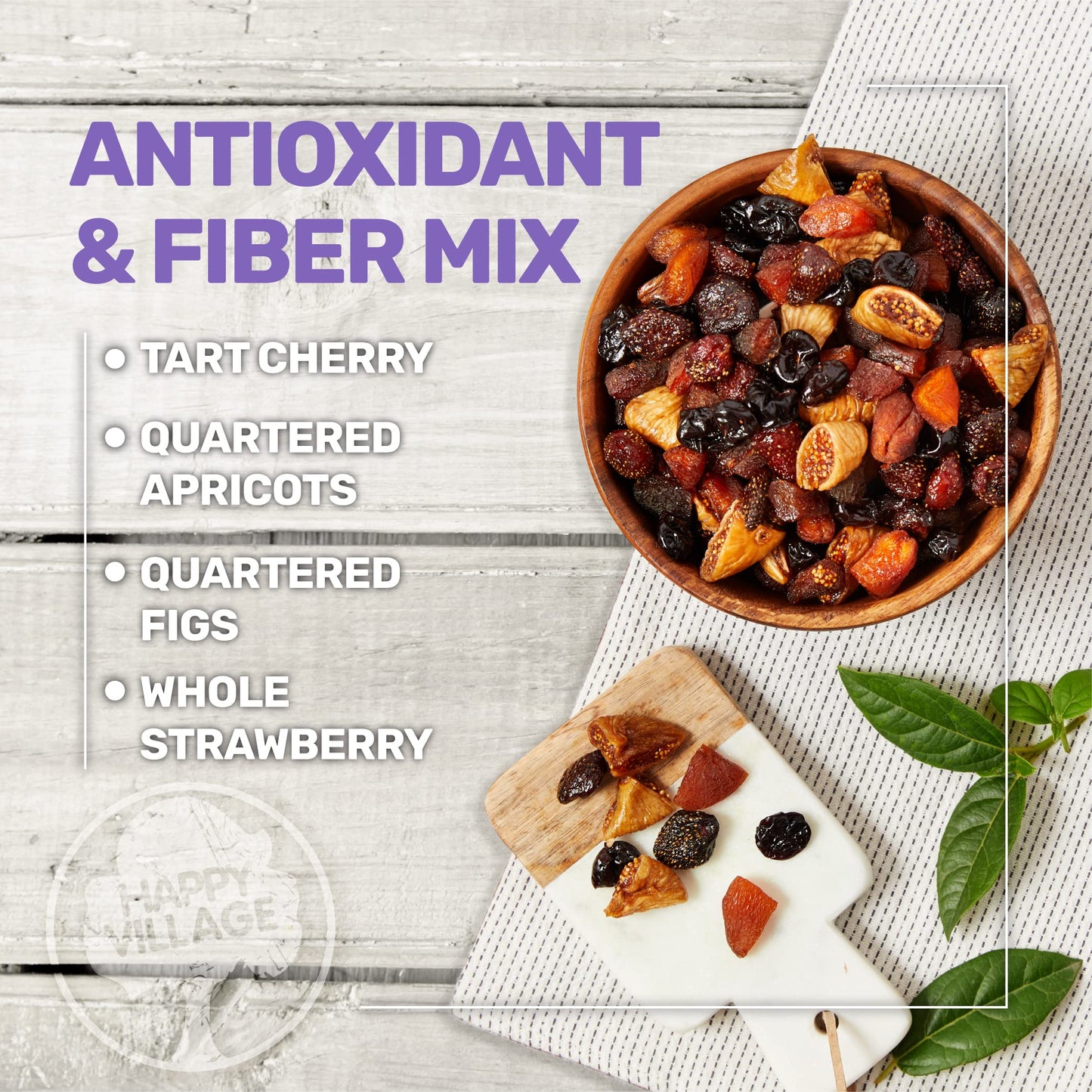 Happy Village Organic Dried Fruit Mix - Apricots, Figs, Strawberries & Tart Cherries, 20 OZ - Kosher, Non-GMO, No Refined Sugar, Vegan, Unsulfured