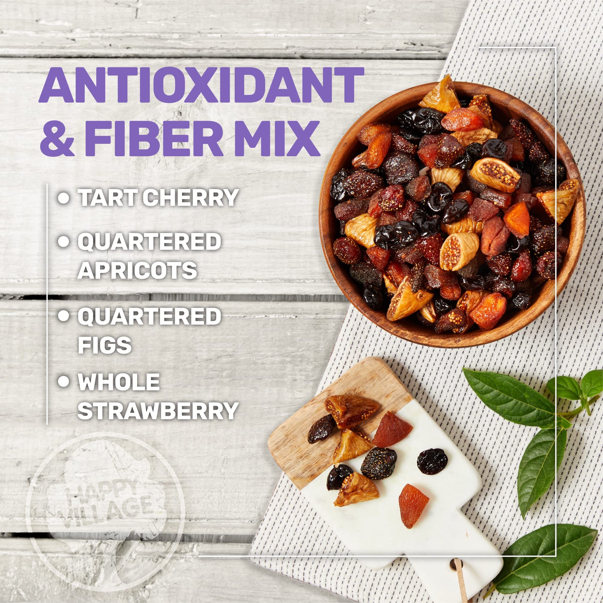 Happy Village Organic Dried Fruit Mix - Apricots, Figs, Strawberries & Tart Cherries, 20 OZ - Kosher, Non-GMO, No Refined Sugar, Vegan, Unsulfured