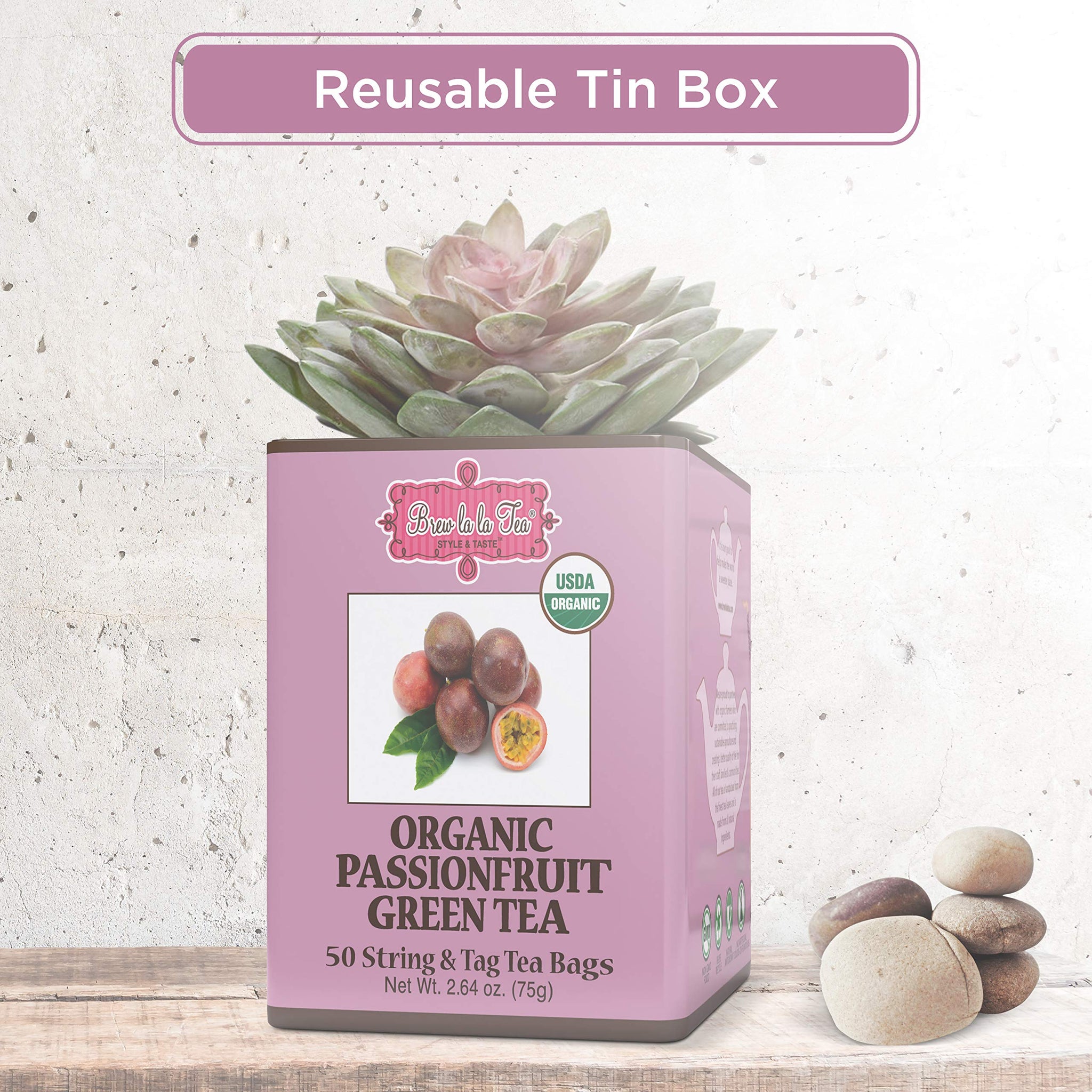 Brew La La Organic Green Tea - Passionfruit Flavor - 50 Tea Bag Tin - Low Caffeine - USDA Certified Organic