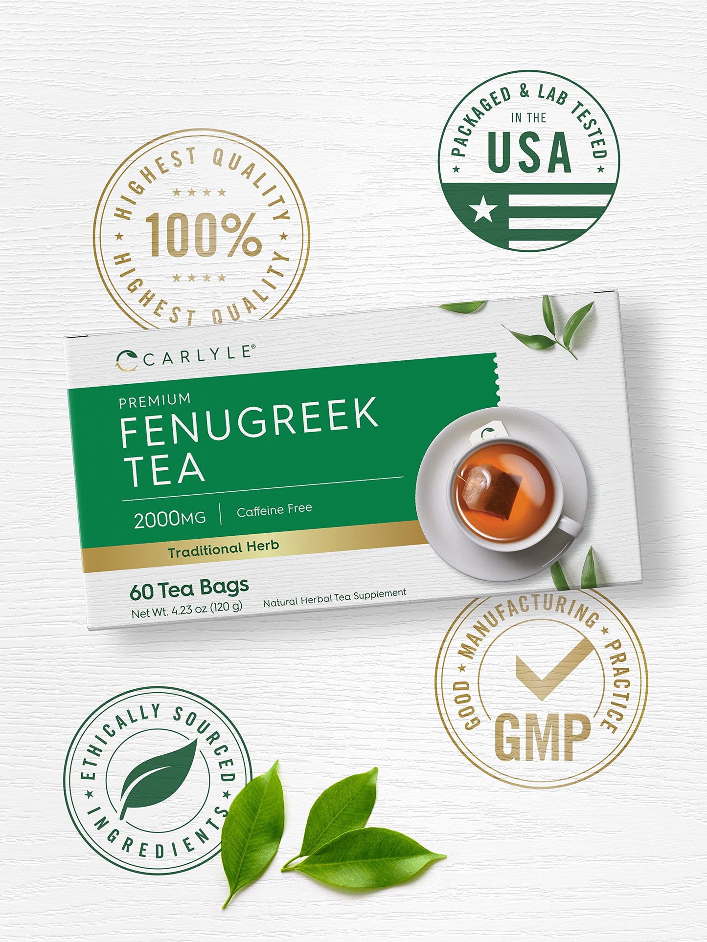 Carlyle Fenugreek Seed Tea | 60 Tea Bags | No Caffeine | Vegetarian, Non-GMO & Gluten Free Herbal Tea Supplement