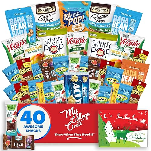 College Christmas Allergy Friendly Snack Box (40 Variety Gluten Free, Dairy Free, Vegan Gift Basket Care Package) Popcorn, Pretzels, Fruit Strips, Fig