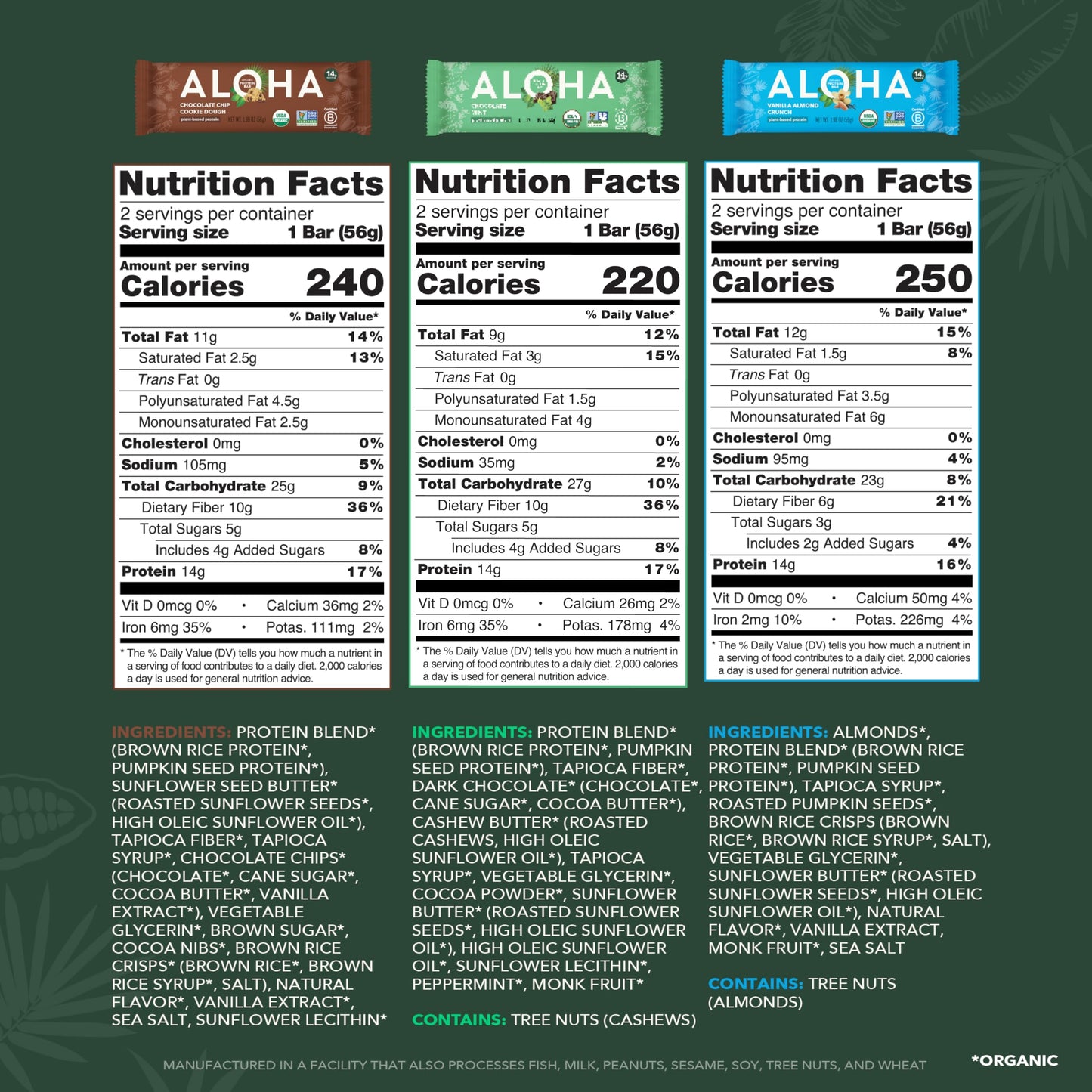 ALOHA Organic Plant Based Protein Bars - 6 Flavor Variety Pack - 12 Count, 1.9oz Bars - Vegan Snacks, Low Sugar, Gluten-Free, Low Carb, Paleo