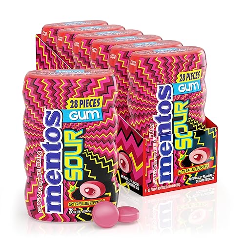 Mentos SOUR Sugar-Free Chewing Gum with Xylitol, Sour Strawberry Flavored, 28 Piece Bottle (Pack of 6)