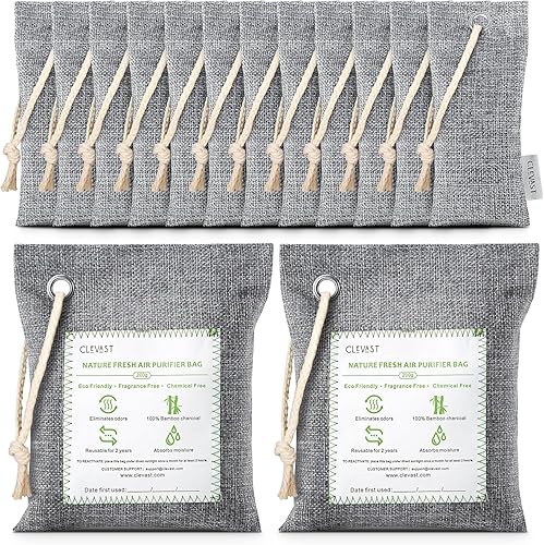 CLEVAST 14 Pack Activated Bamboo Charcoal Air Purifying Bags(2x200g, 12x50g), Natural Fresh Odor Absorber, Deodorizer and Moisture Eliminator, Air