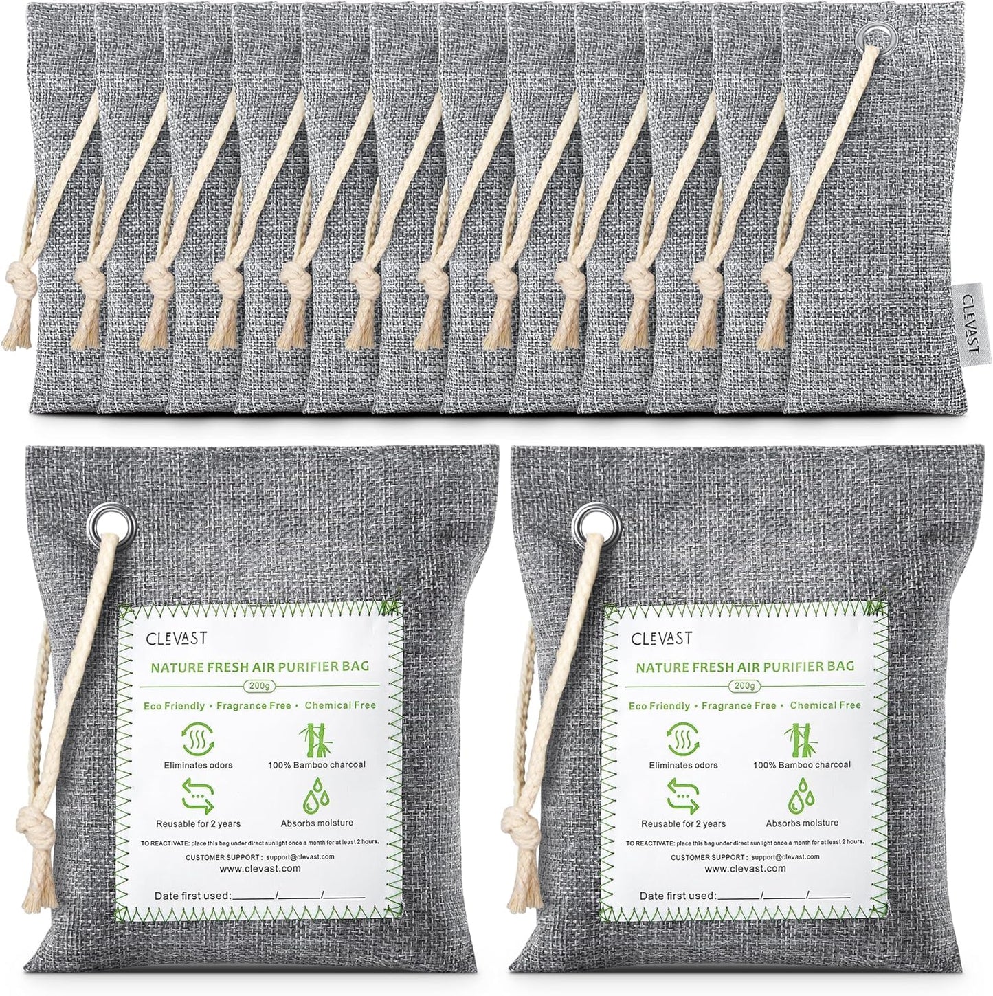 CLEVAST 14 Pack Activated Bamboo Charcoal Air Purifying Bags(2x200g, 12x50g), Natural Fresh Odor Absorber, Deodorizer and Moisture Eliminator, Air