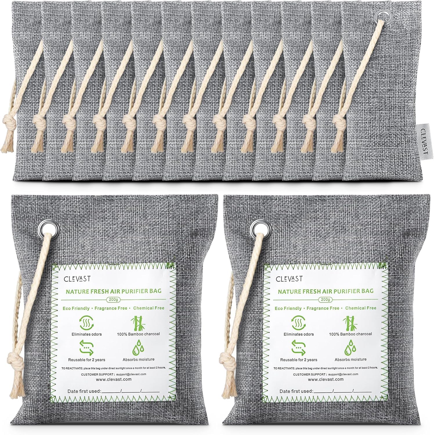 CLEVAST 14 Pack Activated Bamboo Charcoal Air Purifying Bags(2x200g, 12x50g), Natural Fresh Odor Absorber, Deodorizer and Moisture Eliminator, Air