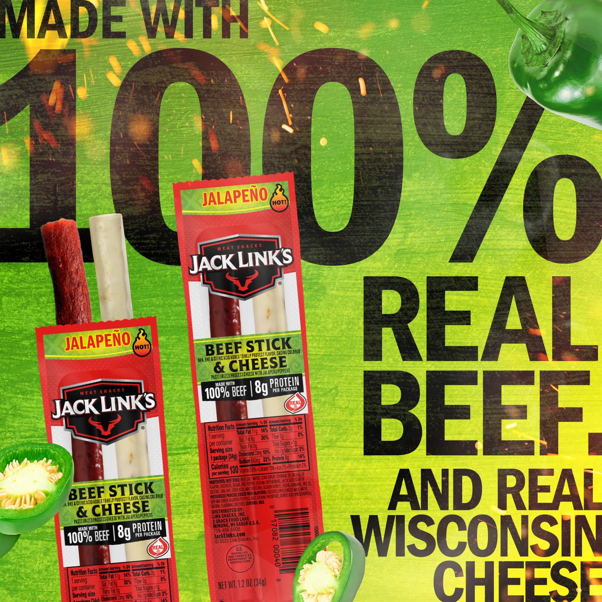 Jack Link's Jalapeno Beef Jerky Sticks and Cheese Sticks Combo - (16 Pack) 1.2 oz Snack Packs - Ready to Eat Protein Snacks - 8g Protein per Serving