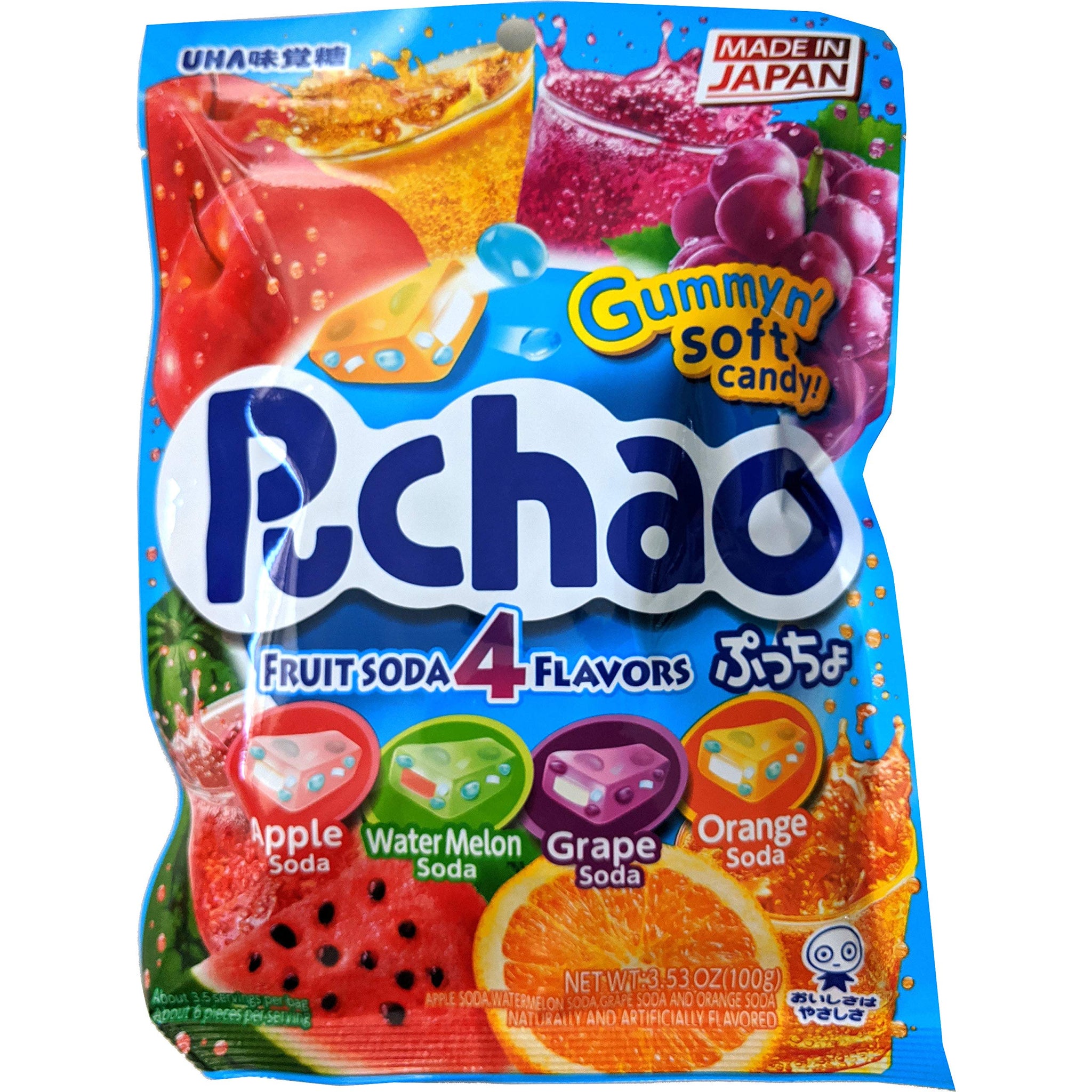Puchao Japanese Chewy Candy, 4 Fruit Soda Flavors - Apple, Watermelon, Grape, Orange, Soft Candy with Fizzy Gummy Bits Inside, As Seen on TikTok