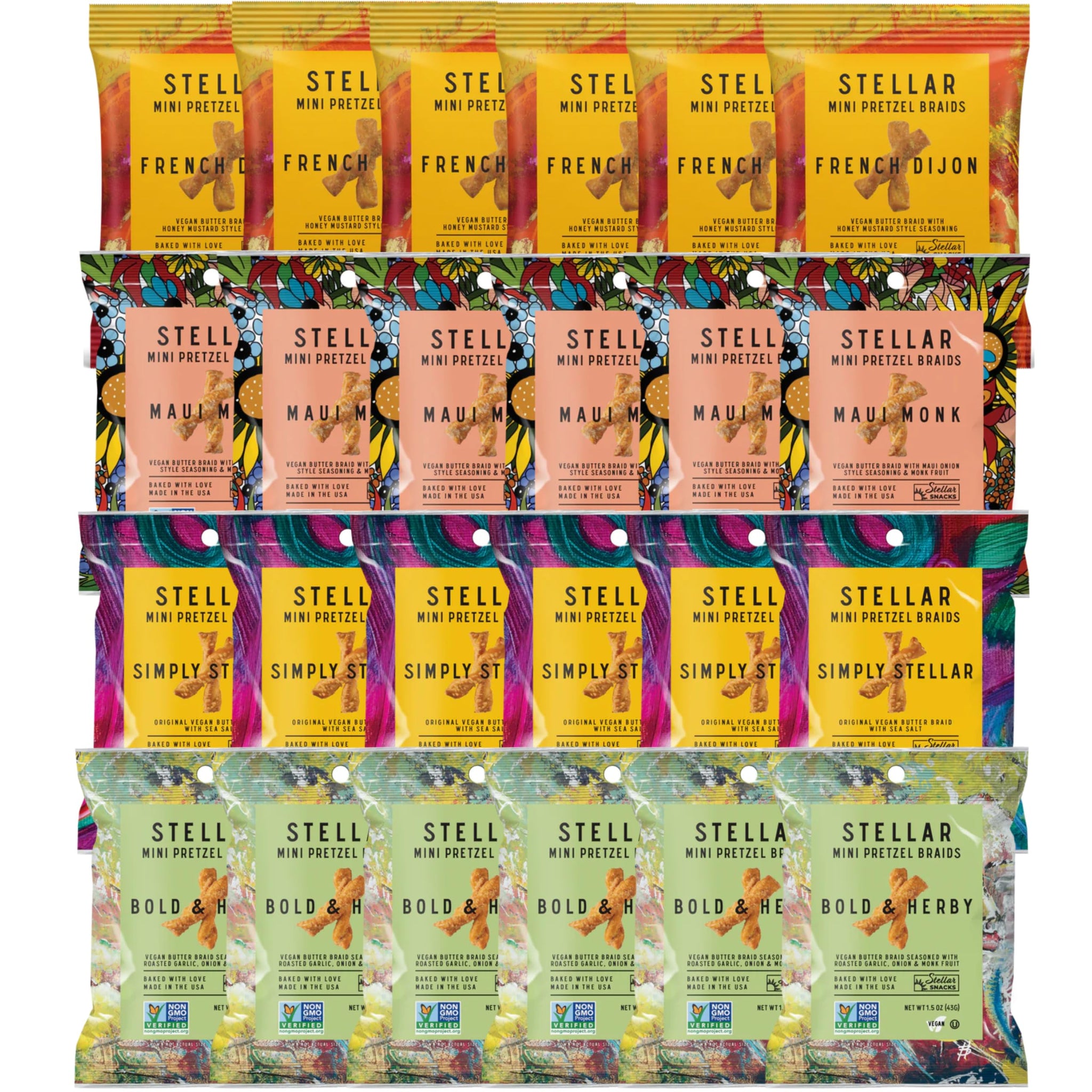 Stellar Snacks Mini Pretzel Braids, 4 Flavor Variety Pack, 1.5 Oz 24 Packs (6 Count x 4 Flavors), Gourmet Pretzel Sticks, Vegan, Kosher, Non GMO